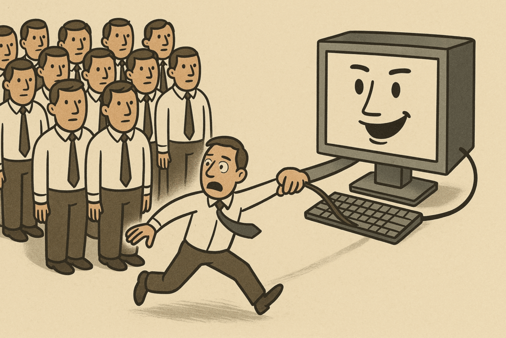 Illustration showing a computer pulling a white-collared worker out of a crowd.