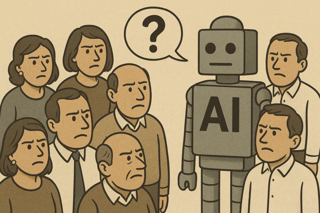 Illustration showing humans doubting AI as intelligent.
